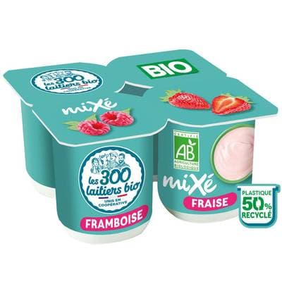 Les 300 laitiers bio Yaourts Bio au lait entier fraise et framboise, 4x125g