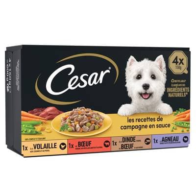 César Barquettes en sauce Recettes de campagne 4 variétés pour chien adulte, 4x150g