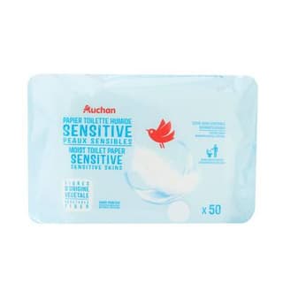 Auchan Lingettes papier toilette humide blanc peaux sensibles, 50 papiers toilettes humides
