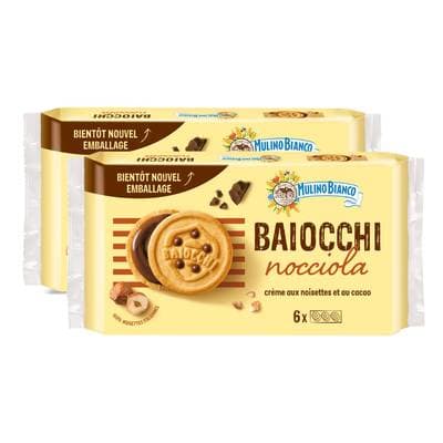 Mulino Bianco Biscuits Baiocchi snack fourrés à la crème aux noisettes et au cacao, Lot de 2x336g