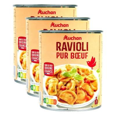 Auchan Ravioli pur boeuf viande bovine origine France, Lot de 3x800g
