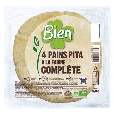 Bien Pain Pita Bio à la Farine Complète, 4x80g