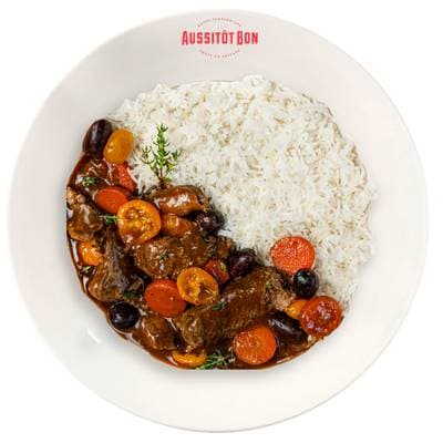 Aussitôt Bon Sauté de Veau aux Olives Kalamata, Tomates Confites & Riz Basse Température, 404g