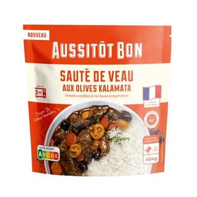 Aussitôt Bon Sauté de Veau aux Olives Kalamata, Tomates Confites & Riz Basse Température, 404g