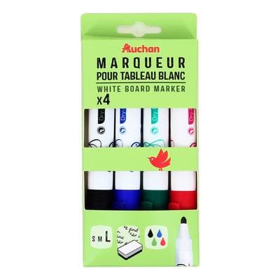 Auchan Feutres effaçables à sec pointe large coloris assortis, 4 feutres assortis
