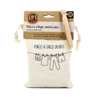 Ménatex Pinces à linge bois américaines avec son sac coton, 20 pièces