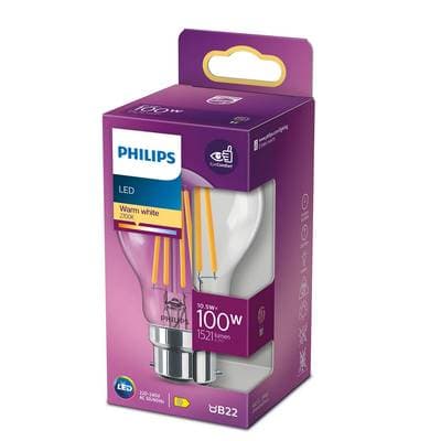 Philips Ampoule B22- 10,5W LED Classique Transparente Blanc Chaud, B22  100W
