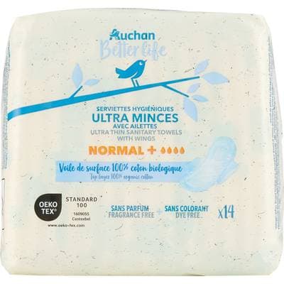 Auchan Better Life Serviettes hygiéniques ultra minces avec ailettes normal+, 14 serviettes