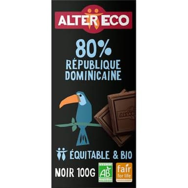 Alter Eco - Commerce Equitable Chocolat Noir 80% Cacao Bio de République Dominicaine, 100g