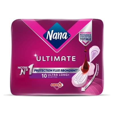 Nana Serviettes Hygiéniques avec Ailettes Ultra Long+ Flux Abondant Ultimate, 10 serviettes