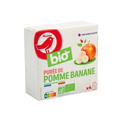 Auchan BIO Gourdes purée de pomme banane sans sucres ajoutés bio, 4x90g