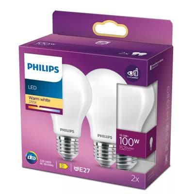Philips 2 Ampoules E27 - 10,5W LED Blanc Chaud Dépolie, E27  100W