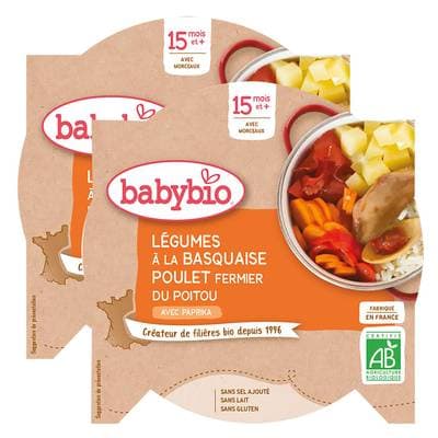 Babybio Légumes à la Basquaise, Poulet de nos régions Bio Assiette Bébé Dès 15 mois, Lot de 2x260g