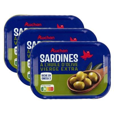 Auchan Sardines à l'huile d'Olive vierge extra en conserve, Lot de 3x135g