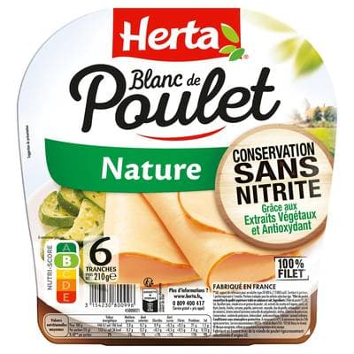 Herta Blanc de Poulet Nature Sans Nitrite, 6 tranches - 210g