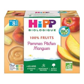 Hipp - 100% Fruits Pommes Pêches Mangues Bio Coupelle Bébé Dès 8 mois, 4x100g
