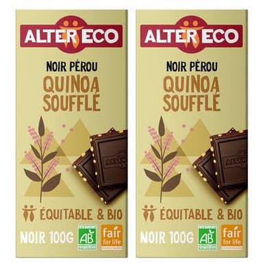 Alter Eco - Commerce Equitable Chocolat noir Quinoa Soufflé 60% Cacao Bio du Pérou, Lot de 2x100g