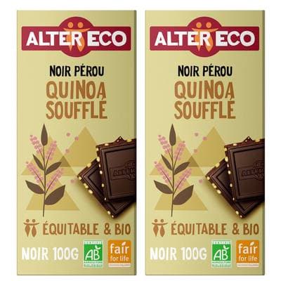 Alter Eco - Commerce Equitable Chocolat noir Quinoa Soufflé 60% Cacao Bio du Pérou, Lot de 2x100g