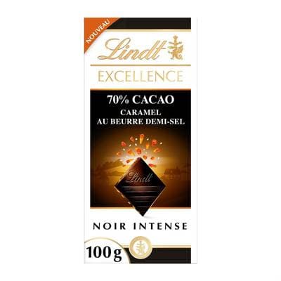 Lindt Tablette chocolat noir 70% caramel au beurre demi sel, 100g