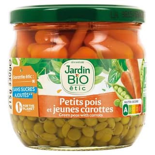 Jardin Bio Etic Petits Pois Très Fins et  Jeunes Carottes Bio sans sucres ajoutés en bocal, 330g