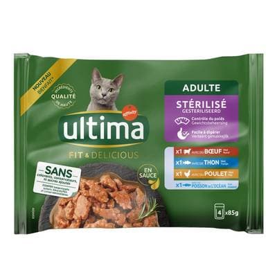 Affinity - Ultima Sachets en sauce Fit and Delicious Boeuf, Thon, Poulet, Poissons de l'Océan pour chat adulte stérilisé, 4x85g
