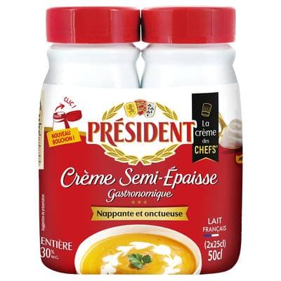 Président Crème entière semi épaisse 30%mg, 2x25cl