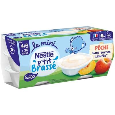 Nestlé - P'tit Brassé Mini Dessert lacté Pêche Sans Sucres Ajoutés Coupelle Bébé dès 4 mois, 6x50g