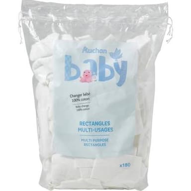 Auchan Baby Cotons rectangles multi-usages pour bébé, 180 cotons