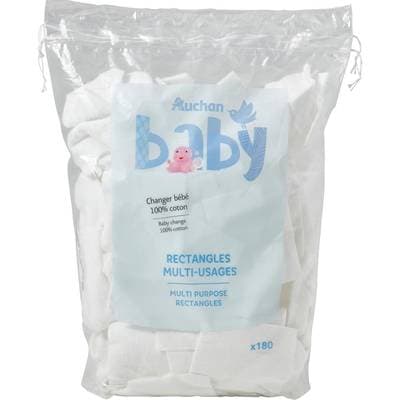 Auchan Baby Cotons rectangles multi-usages pour bébé, 180 cotons