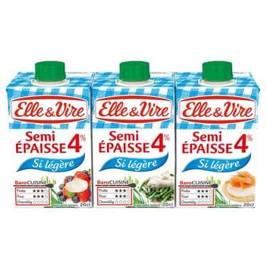 Elle&Vire Crème 4% Mg Extra Légère Semi Epaisse UHT, 3x20cl