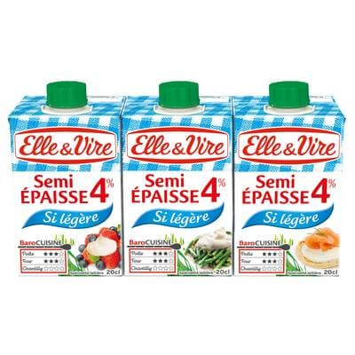 Elle&Vire Crème 4% Mg Extra Légère Semi Epaisse UHT, 3x20cl
