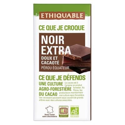 Ethiquable - Commerce Equitable Chocolat noir extra doux et cacaoté 57% Cacao Bio du Pérou / Equateur, 100g