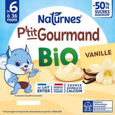 Naturnes® - P'tit Gourmand Dessert lacté Vanille Bio Coupelle Bébé Dès 6 mois, 4x90g
