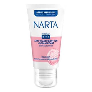 Narta Déodorant Bille 2en1 Anti-Transpirant 72H + Soin Apaisant à la Niacinamide, 50ml