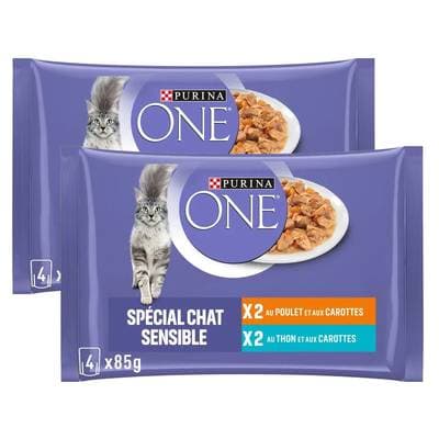 Purina - One Sachets en sauce Effilés Thon, Poulet et Carottes spécial chat sensible pour chat adulte, Lot de 2 -4x85g