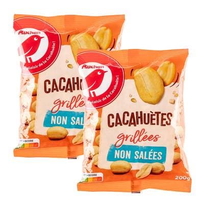 Auchan Cacahuètes grillées sans sel ajouté, Lot de 2x200g