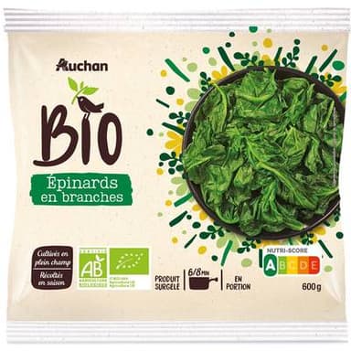 Auchan BIO Epinards en branches bio, en portions, 600g