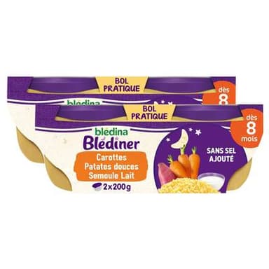 Blédina - Blédîner Duo de Carottes, Patates Douces et Semoule Bol Bébé Dès 8 mois, Lot de 2 - 2x200g