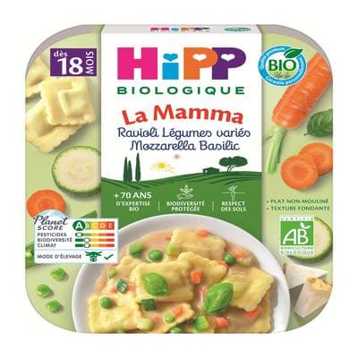 Hipp - La Mamma Ravioli Légumes Variés Mozzarella Basilic Bio Plat Bébé Dès 18 Mois, 250g