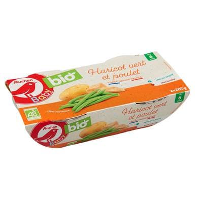 Auchan Baby Bio Haricots verts et poulet bio Bol bébé dès 6 mois, 2x200g
