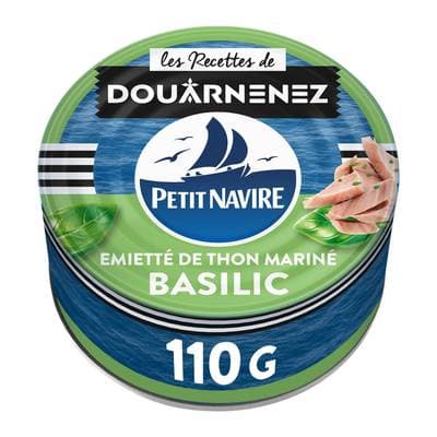Petit Navire Emietté de thon mariné Basilic en conserve, 110g