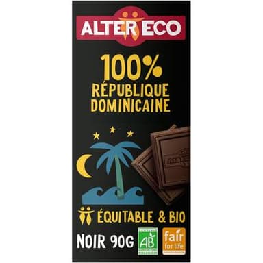 Alter Eco - Commerce Equitable Chocolat noir bio 100% Cacao République dominicaine, 100g