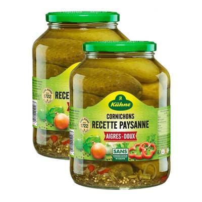 Kühne Cornichons aigre-doux recette paysanne, Lot de 2x850g