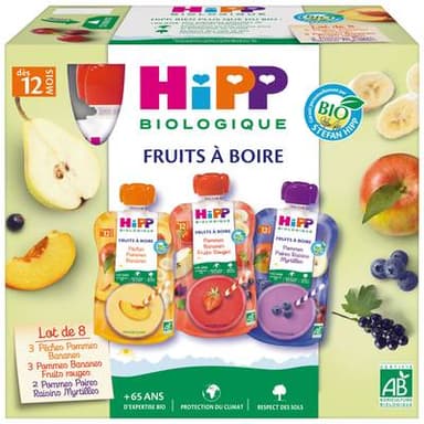 Hipp - Fruits à Boire 3 Variétés Purée de fruits et jus de fruits Bio Gourde Bébé Dès 12 mois, 8x12cl