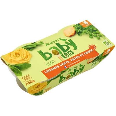 Auchan Baby Bio Légumes verts pâtes et dinde Bio Bol bébé dès 8 mois, 2x200g
