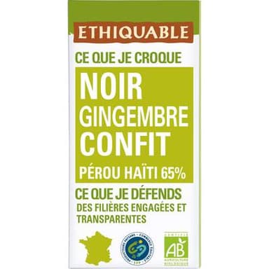 Ethiquable - Commerce Equitable Chocolat Noir Gingembre Confit 65% Cacao Bio Pérou ou Equateur, 100g