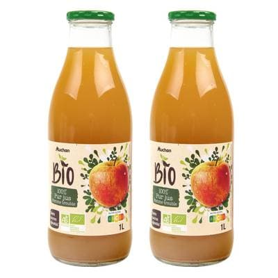 Auchan BIO Pur jus de pomme trouble bio sans sucres ajoutés, Lot de 2x1L