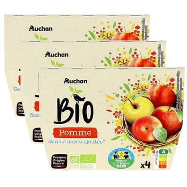 Auchan BIO Coupelles purée de pomme Bio sans sucres ajoutés, Lot de 3x4x100g