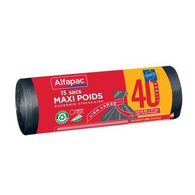 Alfapac Sacs poubelle 40L maxi poids à liens Vegetal Origin®, 15 sacs de 40L