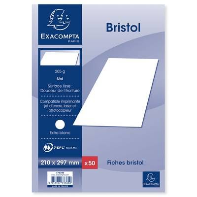 Exacompta Fiches bristol A4 21x29,7 cm blanches non perforées, 50  fiches